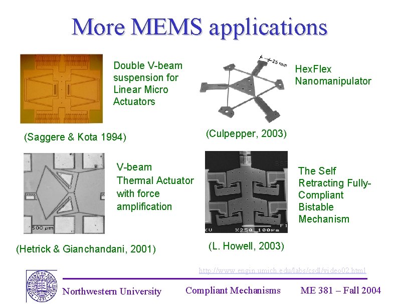 More MEMS applications Double V-beam suspension for Linear Micro Actuators Hex. Flex Nanomanipulator (Culpepper,