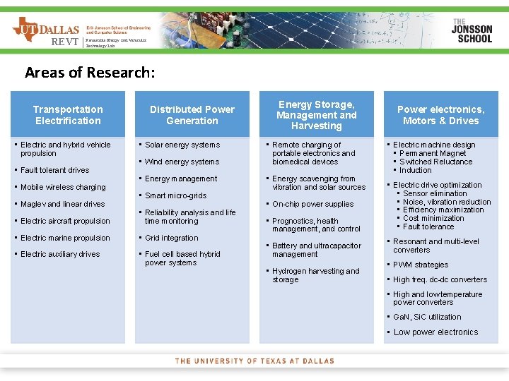 Energy and Vehicular REVT | Renewable Technology Lab Areas of Research: Transportation Electrification •