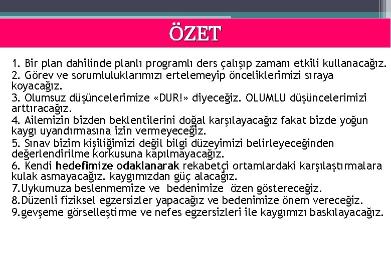 ÖZET 1. Bir plan dahilinde planlı programlı ders çalışıp zamanı etkili kullanacağız. 2. Görev