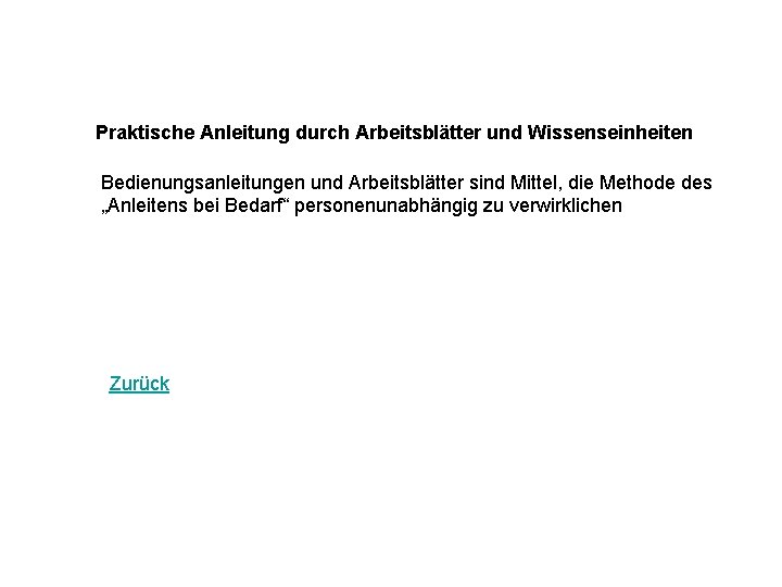 Praktische Anleitung durch Arbeitsblätter und Wissenseinheiten Bedienungsanleitungen und Arbeitsblätter sind Mittel, die Methode des