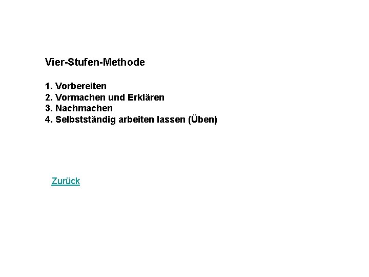 Vier-Stufen-Methode 1. Vorbereiten 2. Vormachen und Erklären 3. Nachmachen 4. Selbstständig arbeiten lassen (Üben)