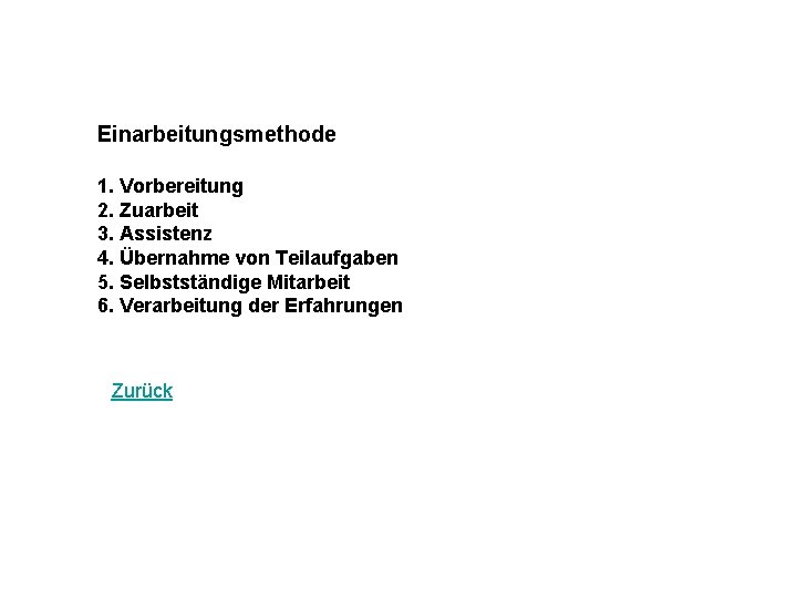 Einarbeitungsmethode 1. Vorbereitung 2. Zuarbeit 3. Assistenz 4. Übernahme von Teilaufgaben 5. Selbstständige Mitarbeit