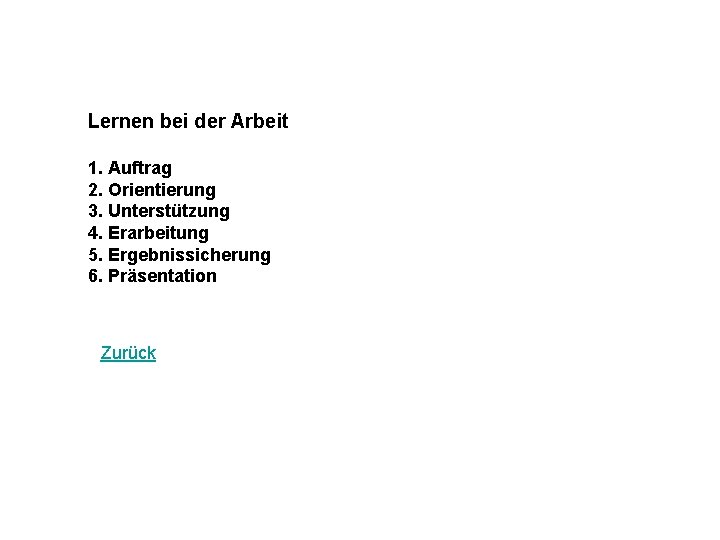 Lernen bei der Arbeit 1. Auftrag 2. Orientierung 3. Unterstützung 4. Erarbeitung 5. Ergebnissicherung