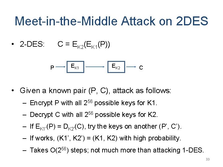 Meet-in-the-Middle Attack on 2 DES • 2 -DES: C = EK 2(EK 1(P)) P