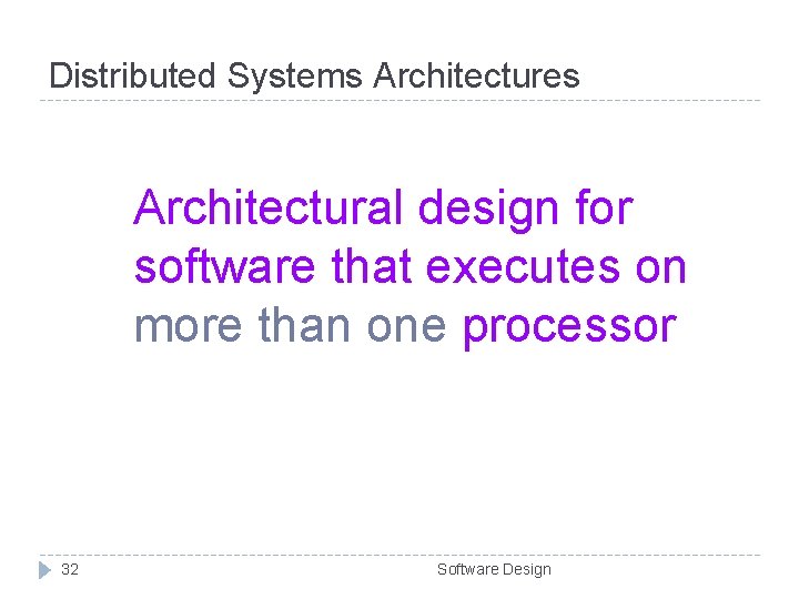 Distributed Systems Architectures Architectural design for software that executes on more than one processor Distributed Systems Architectures Architectural design for software that executes on more than one processor