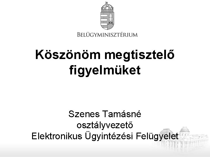 Köszönöm megtisztelő figyelmüket Szenes Tamásné osztályvezető Elektronikus Ügyintézési Felügyelet 