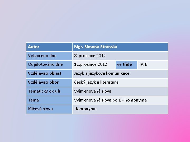 Autor Mgr. Simona Stránská Vytvořeno dne 8. prosince 2012 Odpilotováno dne 12. prosince 2012