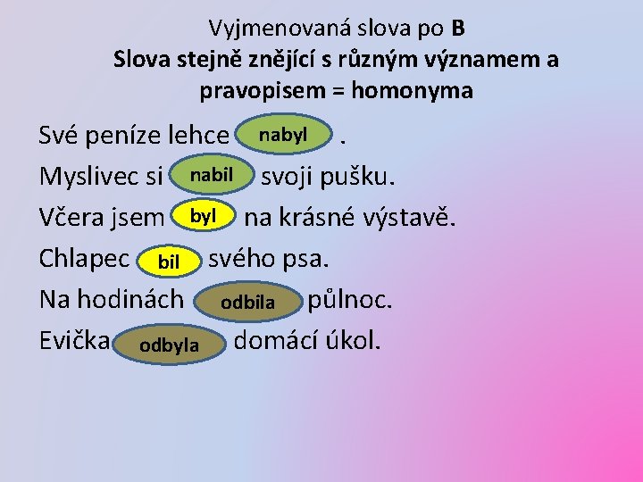 Vyjmenovaná slova po B Slova stejně znějící s různým významem a pravopisem = homonyma