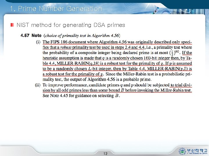 1. Prime Number Generation NIST method for generating DSA primes 12 