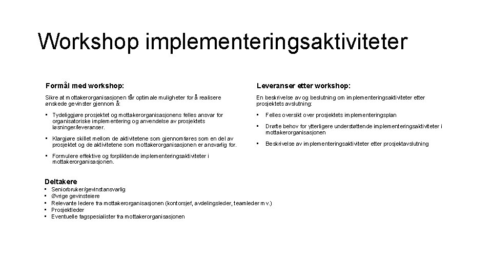 Workshop implementeringsaktiviteter Formål med workshop: Leveranser etter workshop: Sikre at mottakerorganisasjonen får optimale muligheter