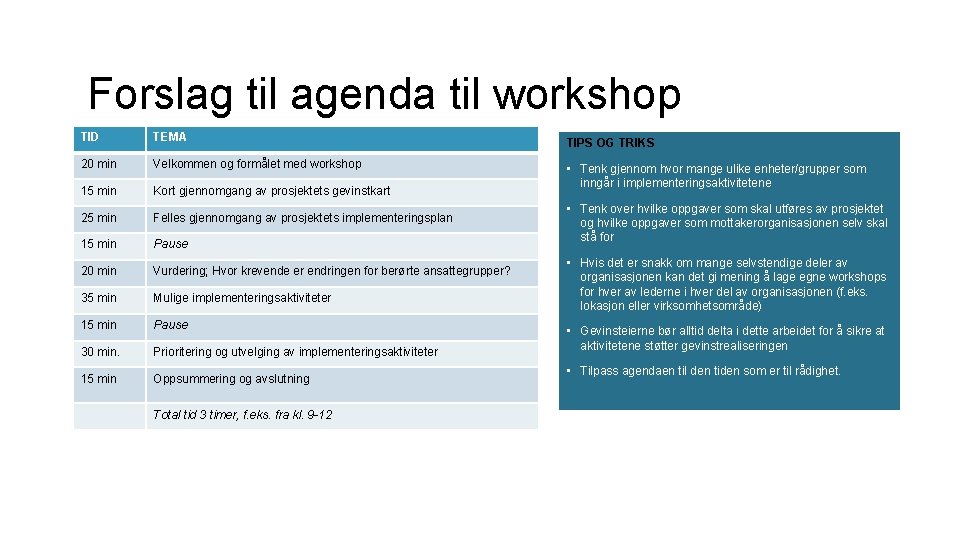 Forslag til agenda til workshop TID TEMA 20 min Velkommen og formålet med workshop