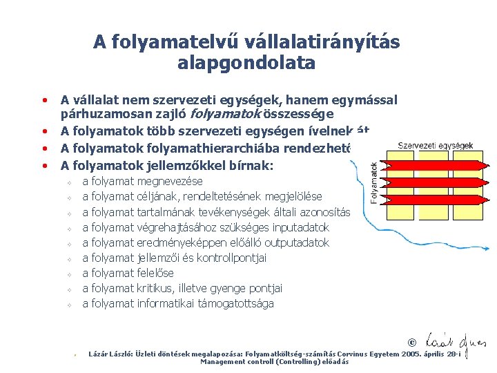 A folyamatelvű vállalatirányítás alapgondolata • • A vállalat nem szervezeti egységek, hanem egymással párhuzamosan