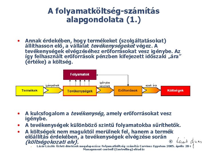 A folyamatköltség-számítás alapgondolata (1. ) • Annak érdekében, hogy termékeket (szolgáltatásokat) állíthasson elő, a