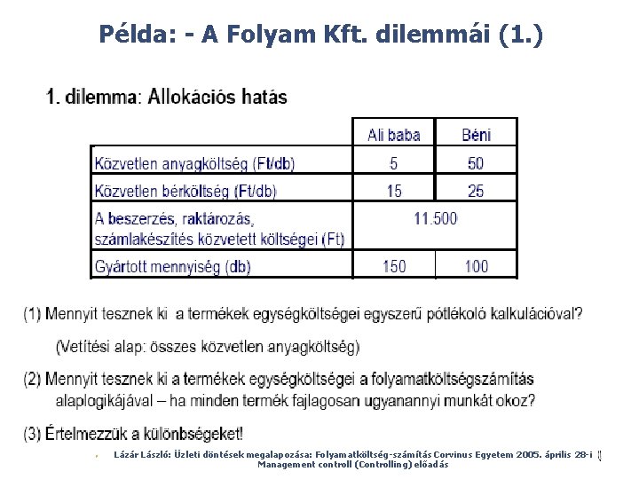 Példa: - A Folyam Kft. dilemmái (1. ) © Ø Lázár László: Üzleti döntések