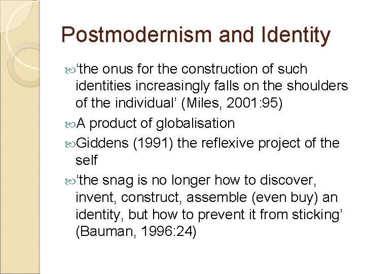 Postmodernism and Identity ‘the onus for the construction of such identities increasingly falls on