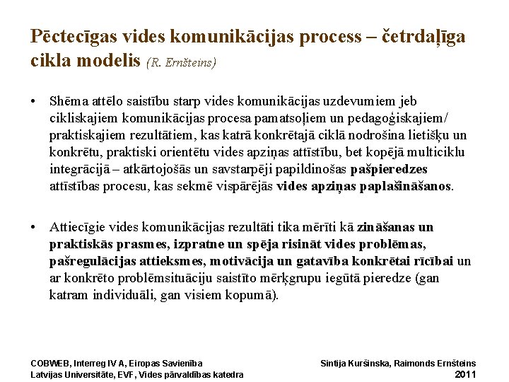 Pēctecīgas vides komunikācijas process – četrdaļīga cikla modelis (R. Ernšteins) • Shēma attēlo saistību