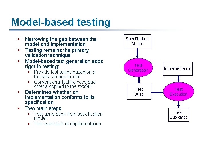 Model-based testing § § § Narrowing the gap between the model and implementation Testing