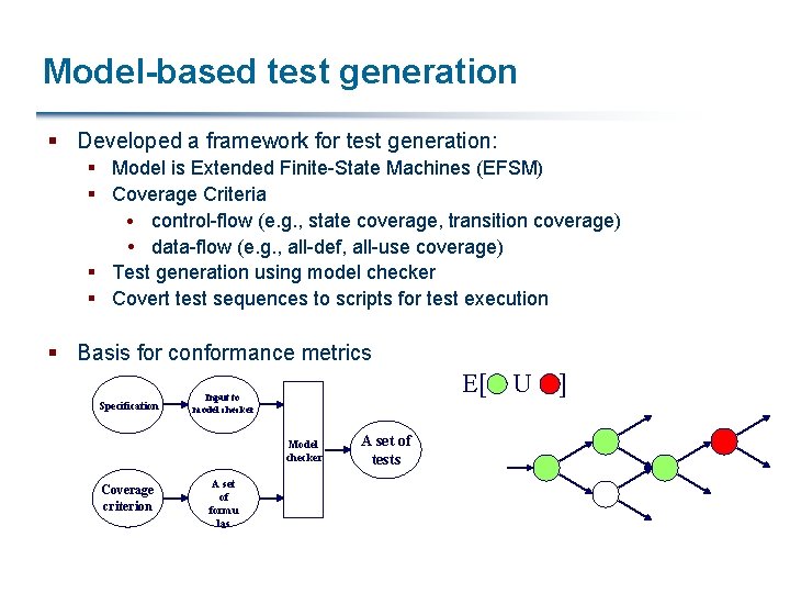 Model-based test generation § Developed a framework for test generation: § Model is Extended