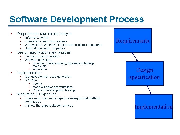Software Development Process § Requirements capture and analysis § § § Informal to formal