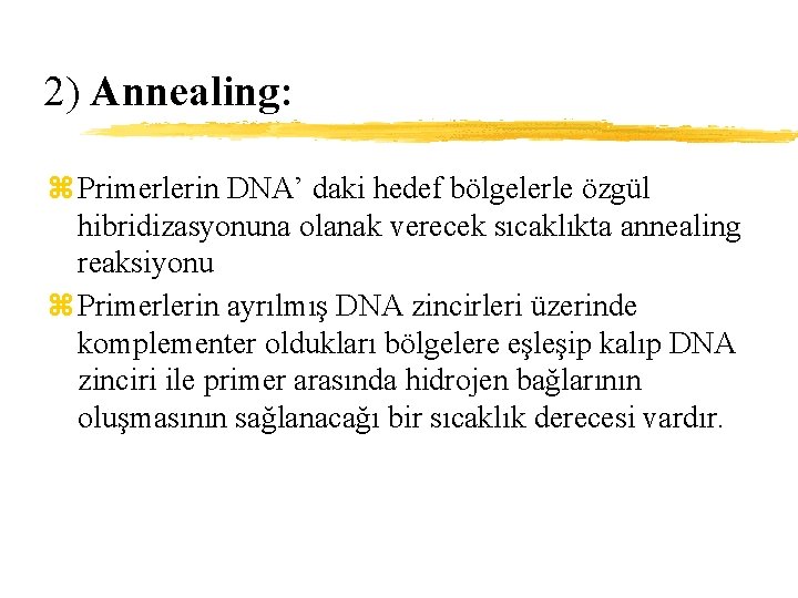 2) Annealing: z Primerlerin DNA’ daki hedef bölgelerle özgül hibridizasyonuna olanak verecek sıcaklıkta annealing