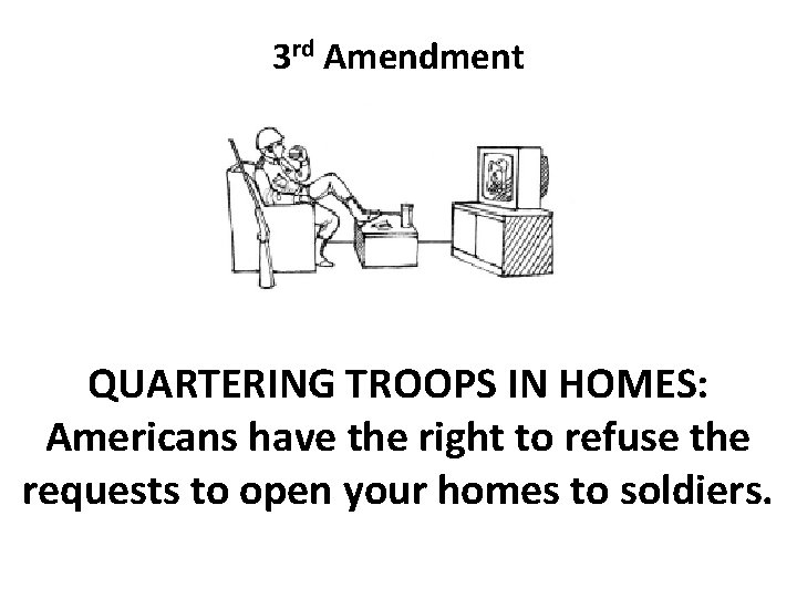 3 rd Amendment QUARTERING TROOPS IN HOMES: Americans have the right to refuse the