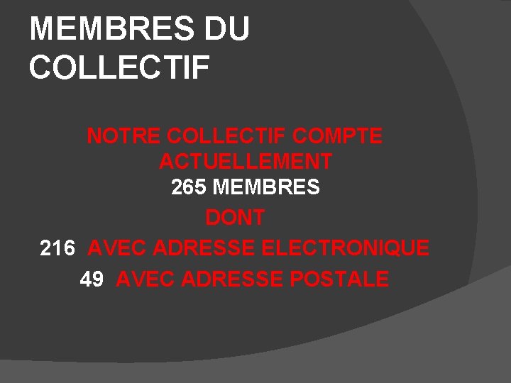 MEMBRES DU COLLECTIF NOTRE COLLECTIF COMPTE ACTUELLEMENT 265 MEMBRES DONT 216 AVEC ADRESSE ELECTRONIQUE