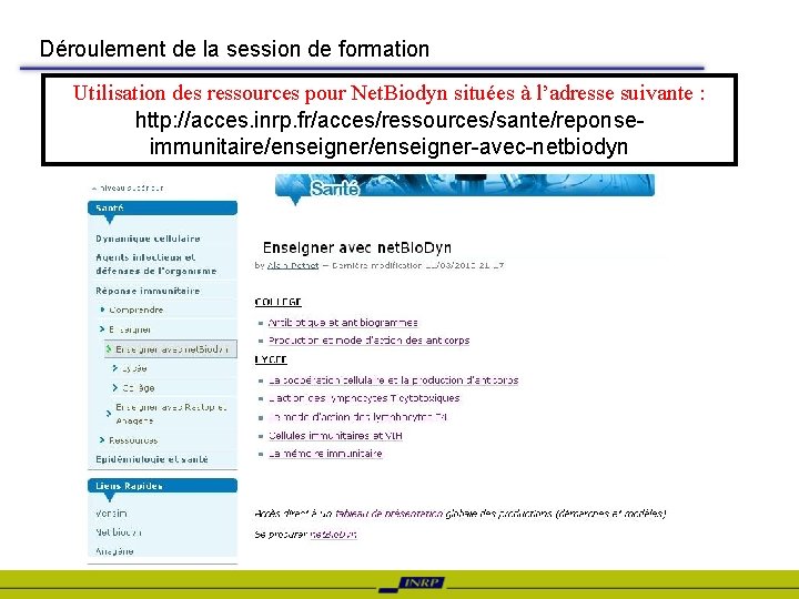 Déroulement de la session de formation Utilisation des ressources pour Net. Biodyn situées à