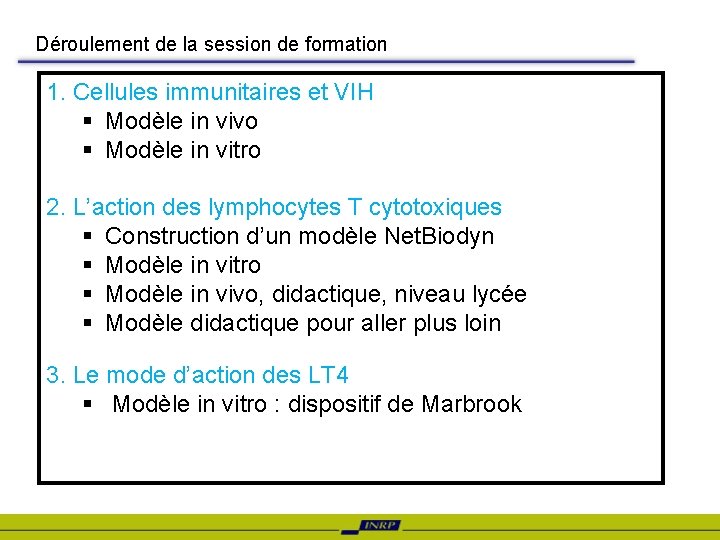 Déroulement de la session de formation 1. Cellules immunitaires et VIH § Modèle in