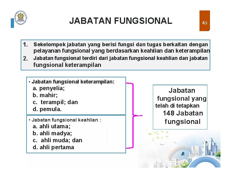 JABATAN FUNGSIONAL 49 1. Sekelompok jabatan yang berisi fungsi dan tugas berkaitan dengan pelayanan