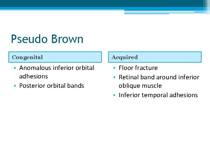 Pseudo Brown Congenital Acquired • Anomalous inferior orbital adhesions • Posterior orbital bands •