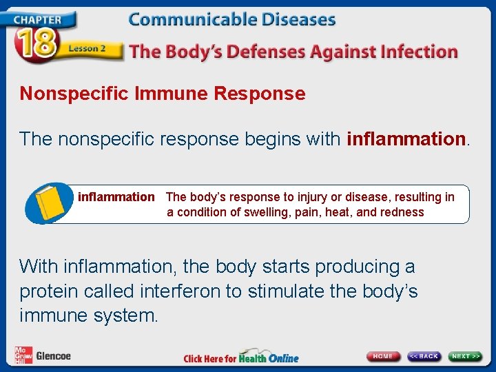 Nonspecific Immune Response The nonspecific response begins with inflammation The body’s response to injury