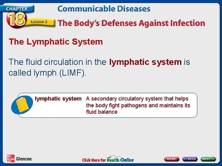 The Lymphatic System The fluid circulation in the lymphatic system is called lymph (LIMF).