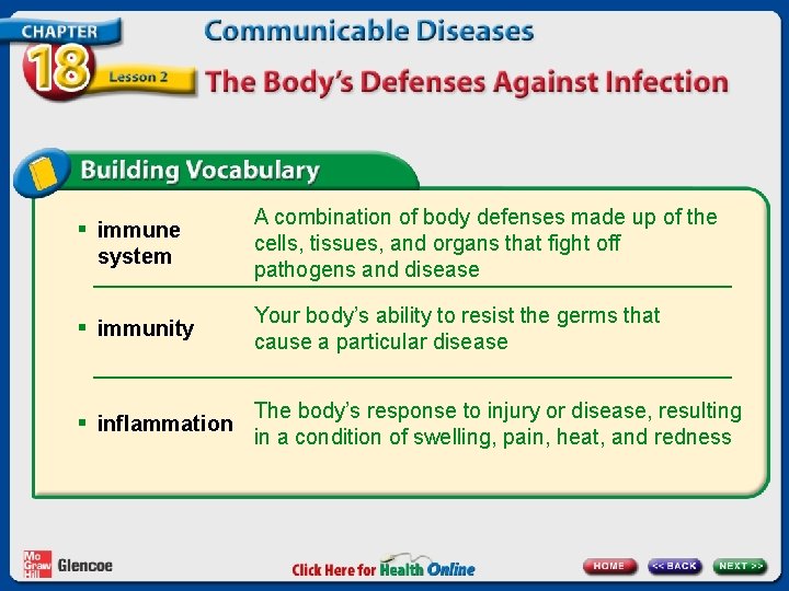§ immune system A combination of body defenses made up of the cells, tissues,