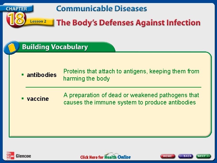 § antibodies Proteins that attach to antigens, keeping them from harming the body §