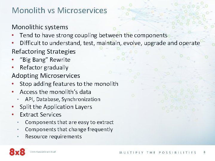 Monolith vs Microservices Monolithic systems • Tend to have strong coupling between the components