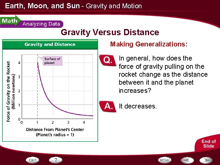 Earth, Moon, and Sun - Gravity and Motion Gravity Versus Distance Making Generalizations: In