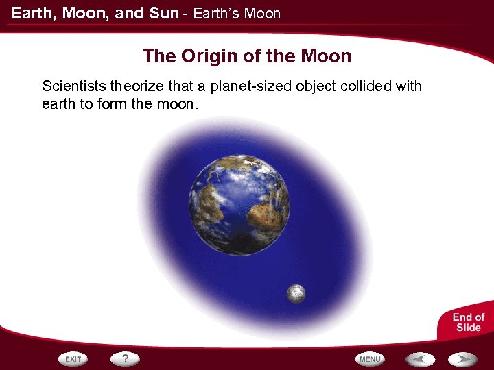 Earth, Moon, and Sun - Earth’s Moon The Origin of the Moon Scientists theorize