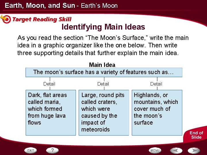 Earth, Moon, and Sun - Earth’s Moon Identifying Main Ideas As you read the