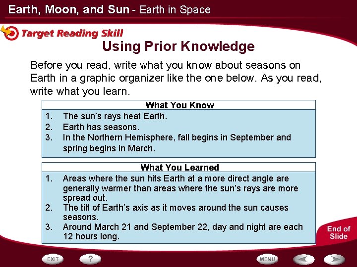 Earth, Moon, and Sun - Earth in Space Using Prior Knowledge Before you read,