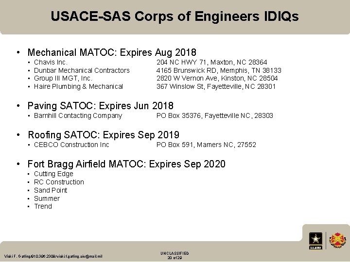 USACE-SAS Corps of Engineers IDIQs • Mechanical MATOC: Expires Aug 2018 • • Chavis