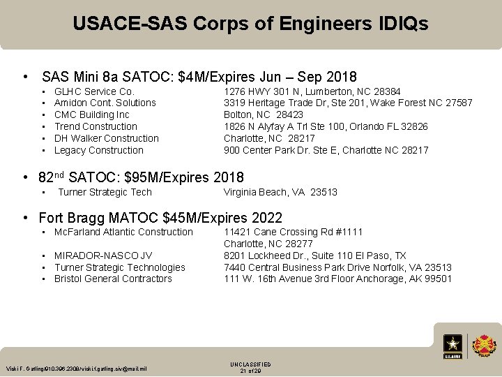 USACE-SAS Corps of Engineers IDIQs • SAS Mini 8 a SATOC: $4 M/Expires Jun