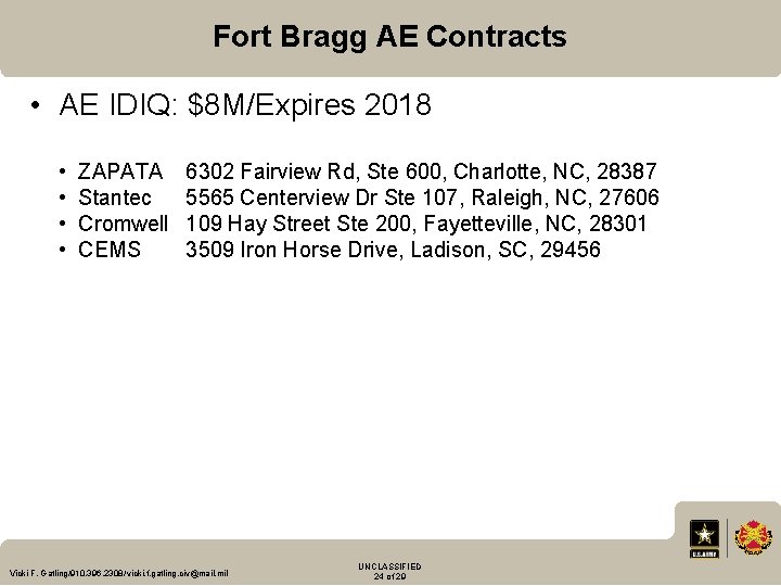 Fort Bragg AE Contracts • AE IDIQ: $8 M/Expires 2018 • • ZAPATA Stantec