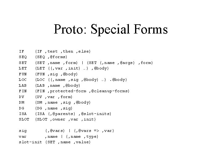 Proto: Special Forms IF SEQ SET LET FUN LOC LAB FIN DV DM DG