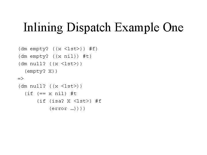Inlining Dispatch Example One (dm empty? ((x <lst>)) #f) (dm empty? ((x nil)) #t)