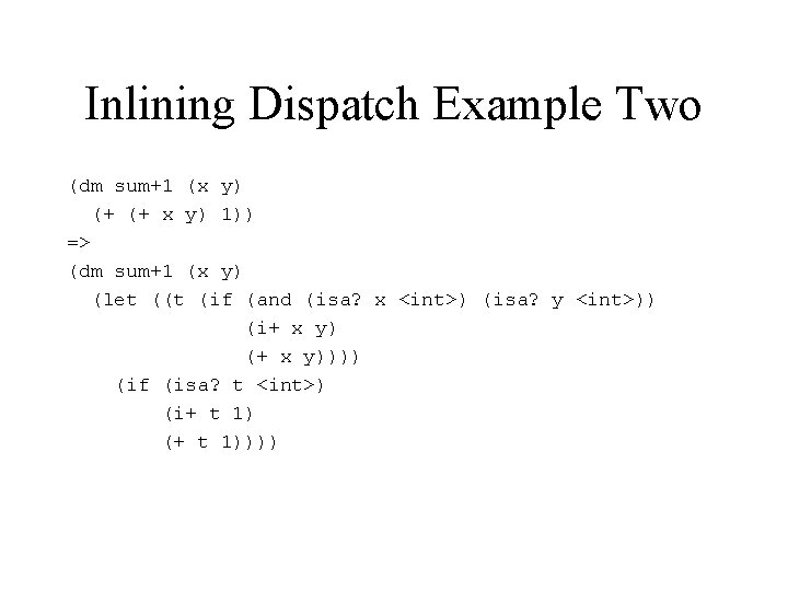 Inlining Dispatch Example Two (dm sum+1 (x y) (+ (+ x y) 1)) =>