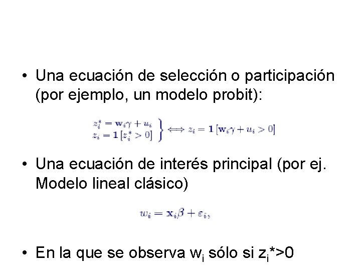  • Una ecuación de selección o participación (por ejemplo, un modelo probit): •