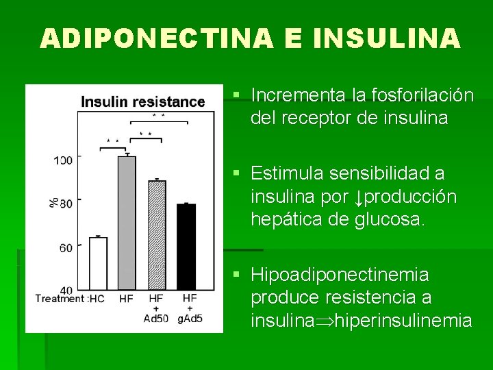 ADIPONECTINA E INSULINA § Incrementa la fosforilación del receptor de insulina § Estimula sensibilidad