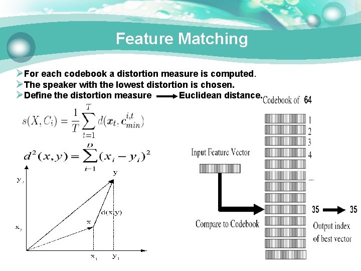 Feature Matching ØFor each codebook a distortion measure is computed. ØThe speaker with the