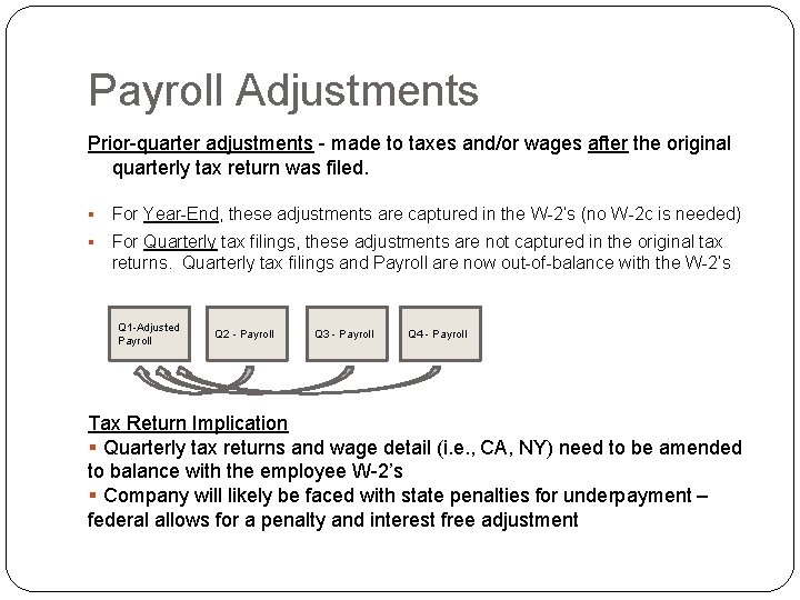 Payroll Adjustments Prior-quarter adjustments - made to taxes and/or wages after the original quarterly