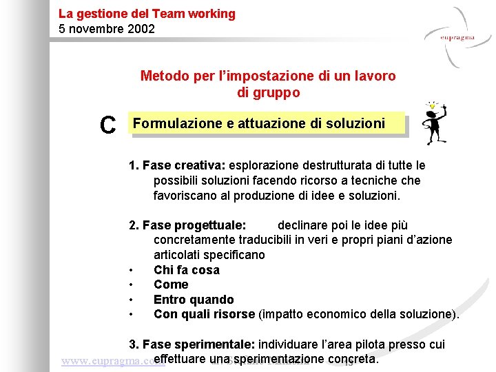 La gestione del Team working 5 novembre 2002 Metodo per l’impostazione di un lavoro